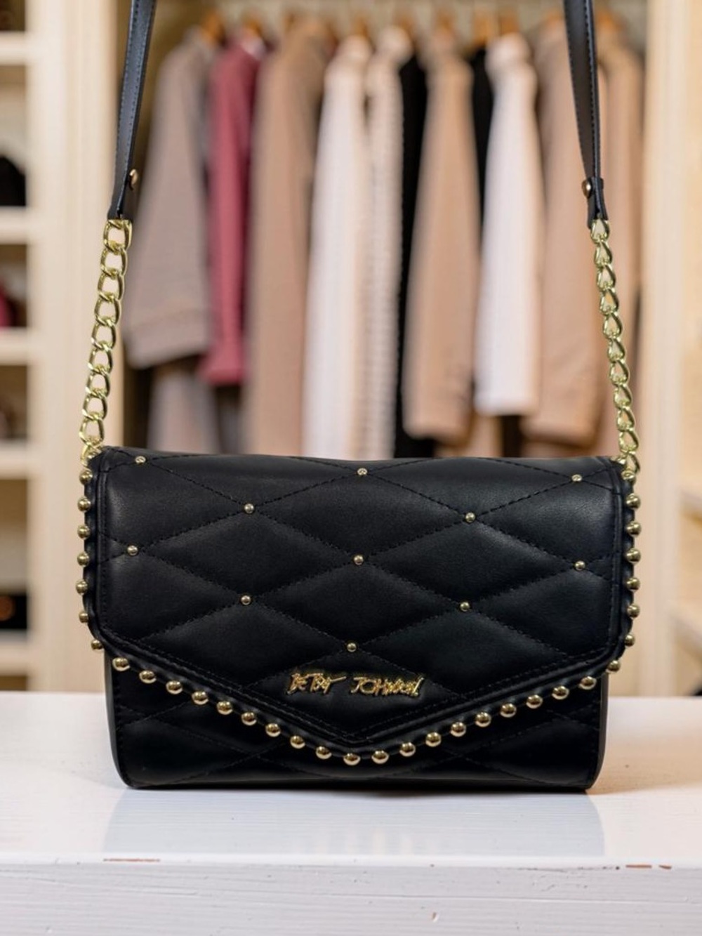 Betsey Johnson Black Quilted Crossbody with Gold Studs & Chain
